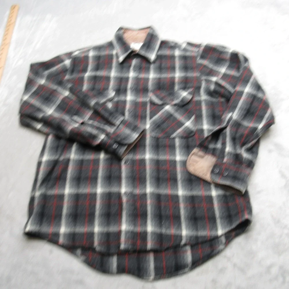 Sears Roebuck Shirt Mens Medium Gray Plaid Red Stripe Button‎ Wool Blend VTG 70s